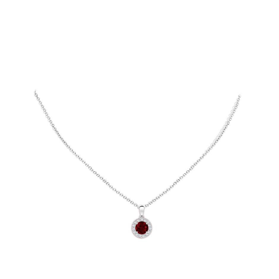 6mm Lab-Grown Round Ruby and Diamond Halo Pendant in White Gold body-neck