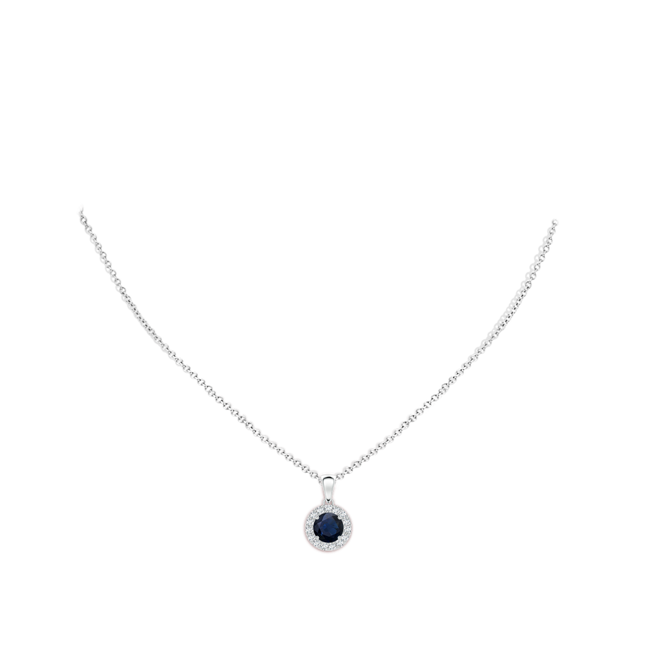 6mm A Round Blue Sapphire and Diamond Halo Pendant in P950 Platinum body-neck