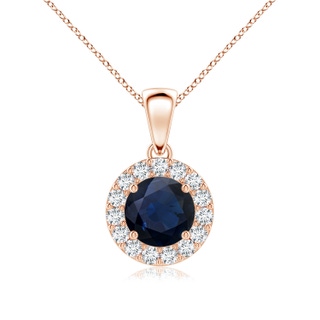 6mm A Round Blue Sapphire and Diamond Halo Pendant in Rose Gold