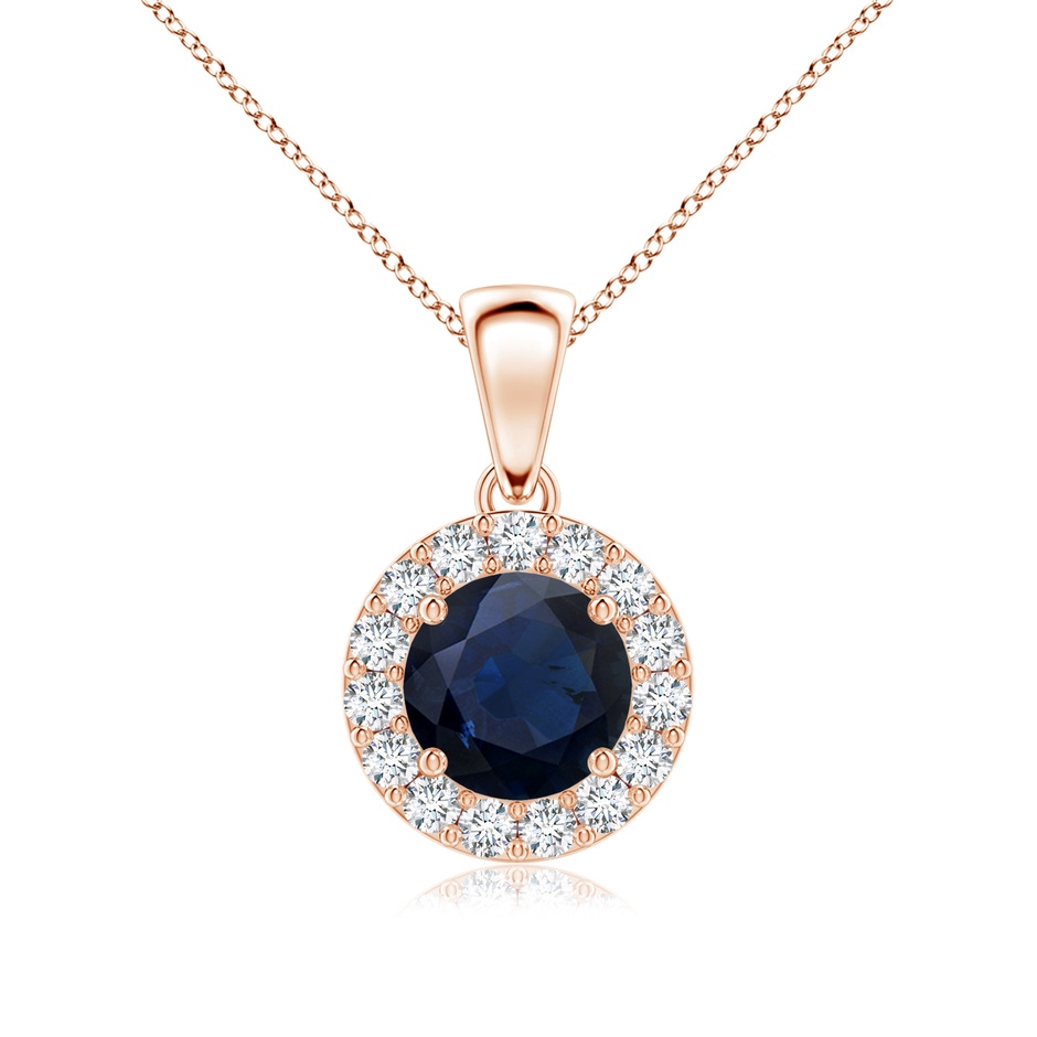 6mm A Round Blue Sapphire and Diamond Halo Pendant in Rose Gold 
