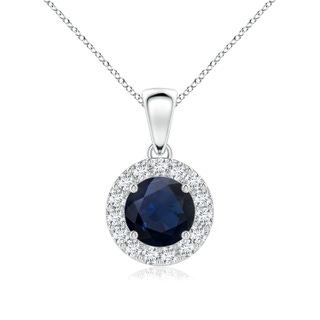 6mm A Round Blue Sapphire and Diamond Halo Pendant in White Gold