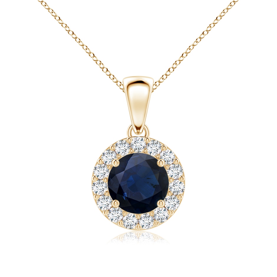 6mm A Round Blue Sapphire and Diamond Halo Pendant in Yellow Gold 