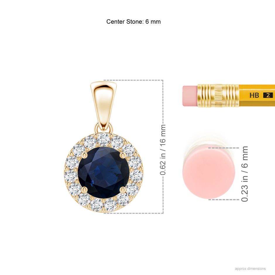 6mm A Round Blue Sapphire and Diamond Halo Pendant in Yellow Gold ruler