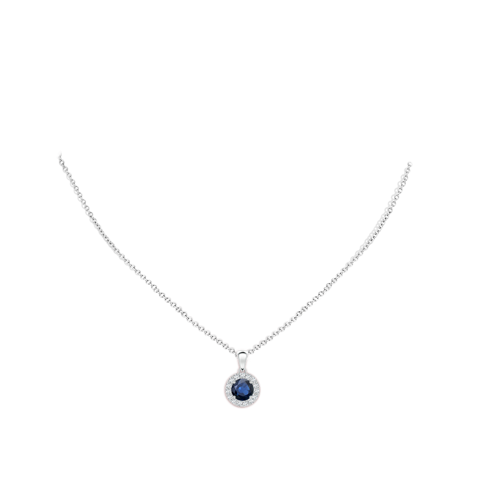 6mm AA Round Blue Sapphire and Diamond Halo Pendant in P950 Platinum body-neck