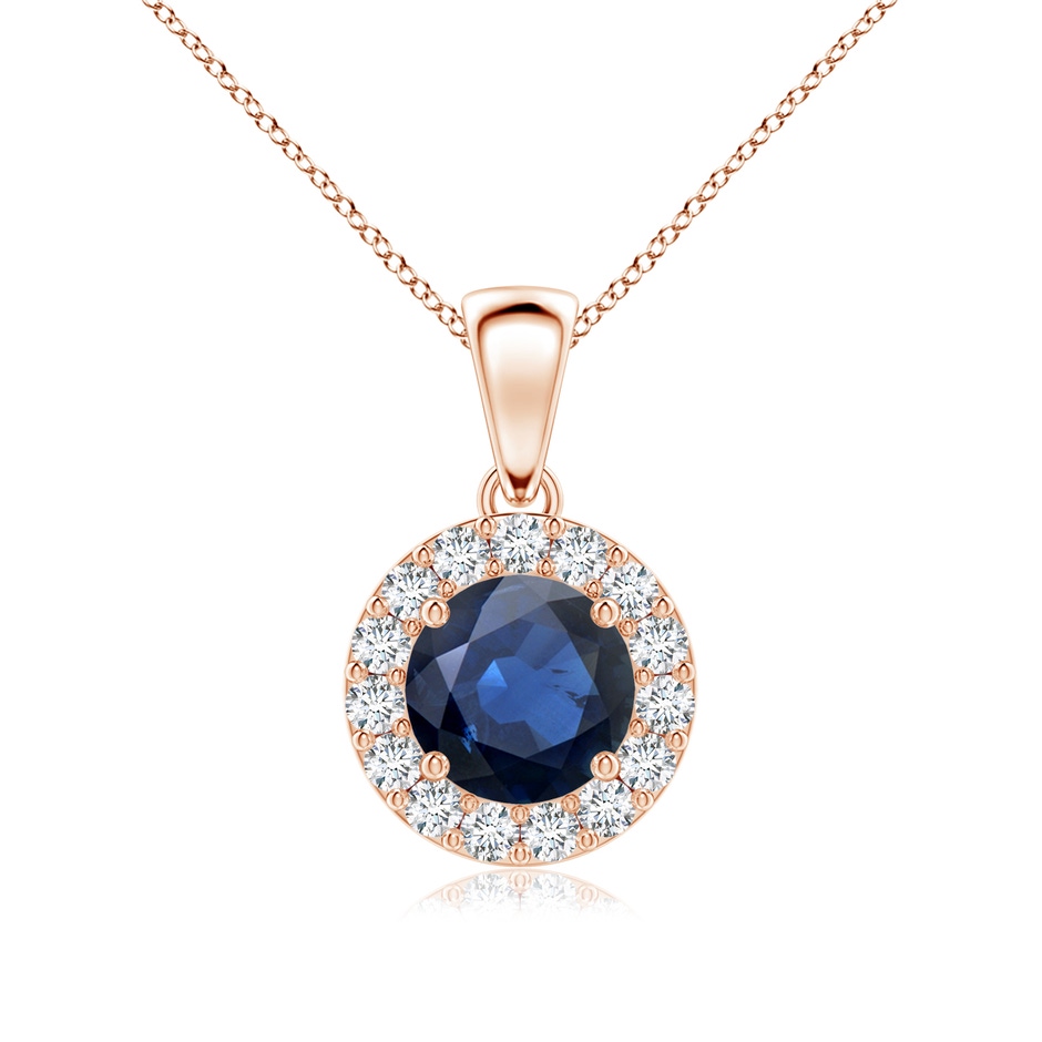6mm AA Round Blue Sapphire and Diamond Halo Pendant in Rose Gold 