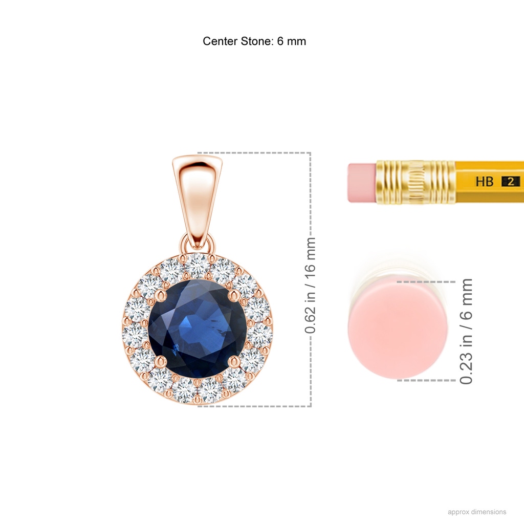 6mm AA Round Blue Sapphire and Diamond Halo Pendant in Rose Gold Ruler