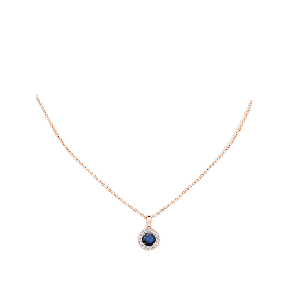 6mm AA Round Blue Sapphire and Diamond Halo Pendant in Rose Gold Body-Neck