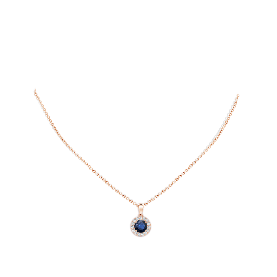 6mm AA Round Blue Sapphire and Diamond Halo Pendant in Rose Gold body-neck