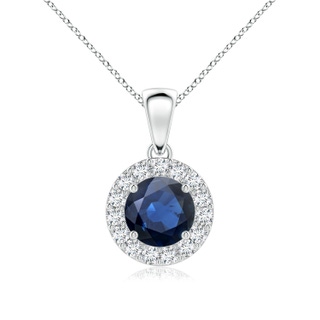 6mm AA Round Blue Sapphire and Diamond Halo Pendant in White Gold