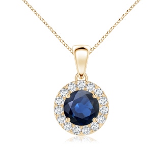 6mm AA Round Blue Sapphire and Diamond Halo Pendant in Yellow Gold