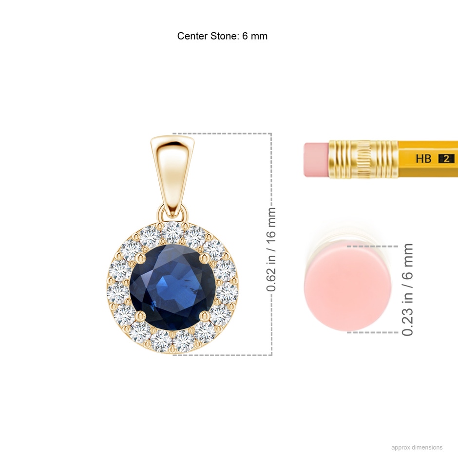 6mm AA Round Blue Sapphire and Diamond Halo Pendant in Yellow Gold ruler