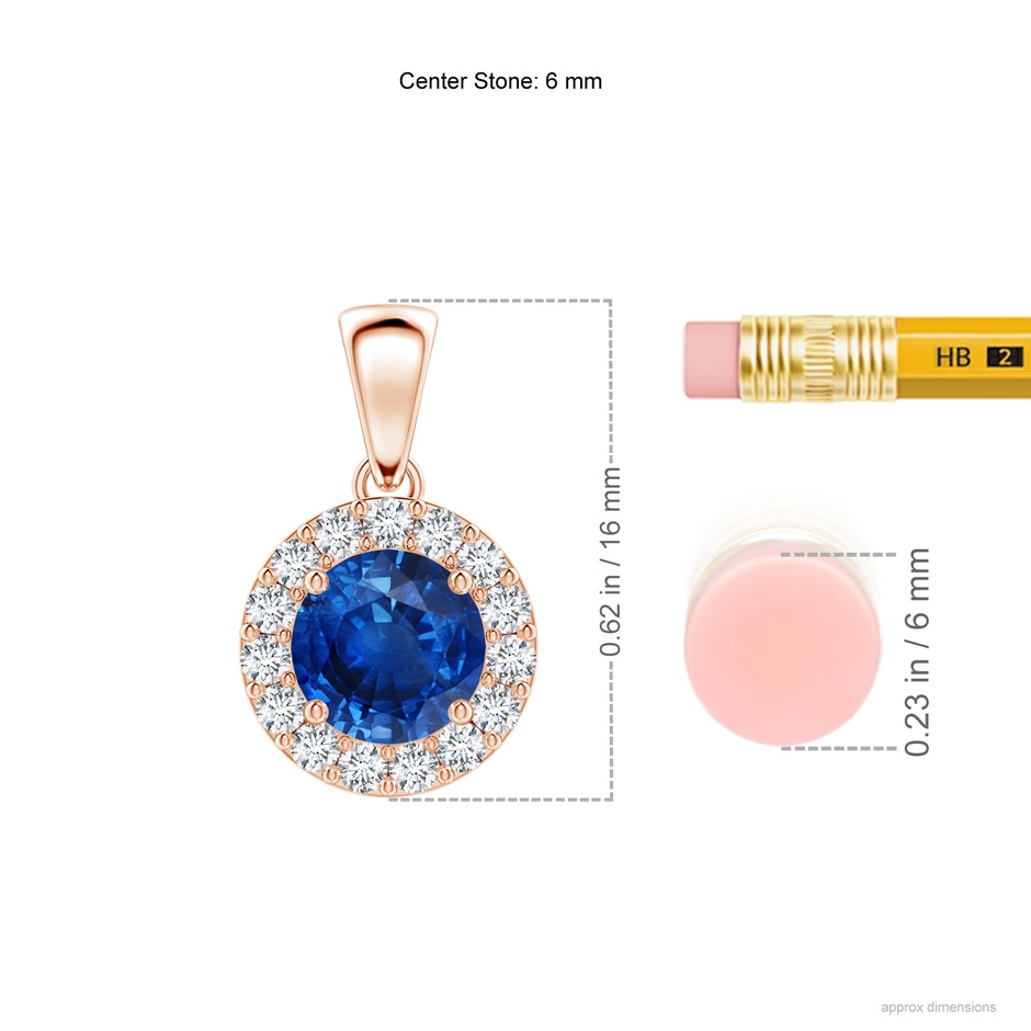 6mm AAA Round Blue Sapphire and Diamond Halo Pendant in Rose Gold ruler