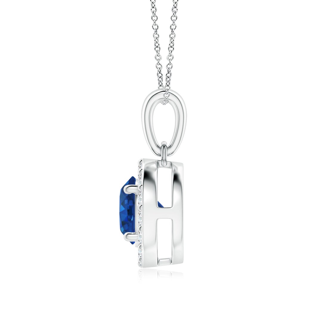 6mm AAA Round Blue Sapphire and Diamond Halo Pendant in White Gold - side 2