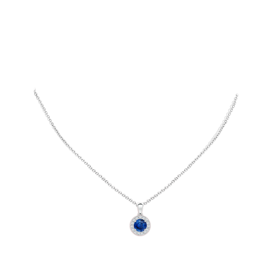 6mm AAA Round Blue Sapphire and Diamond Halo Pendant in White Gold - body_neck