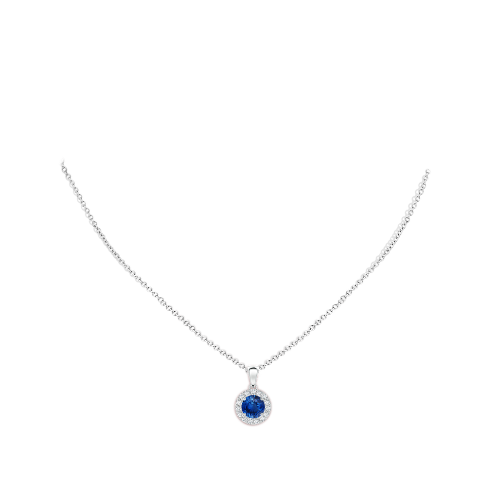 6mm AAA Round Blue Sapphire and Diamond Halo Pendant in White Gold Body-Neck