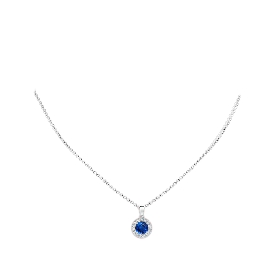 6mm AAA Round Blue Sapphire and Diamond Halo Pendant in White Gold body-neck