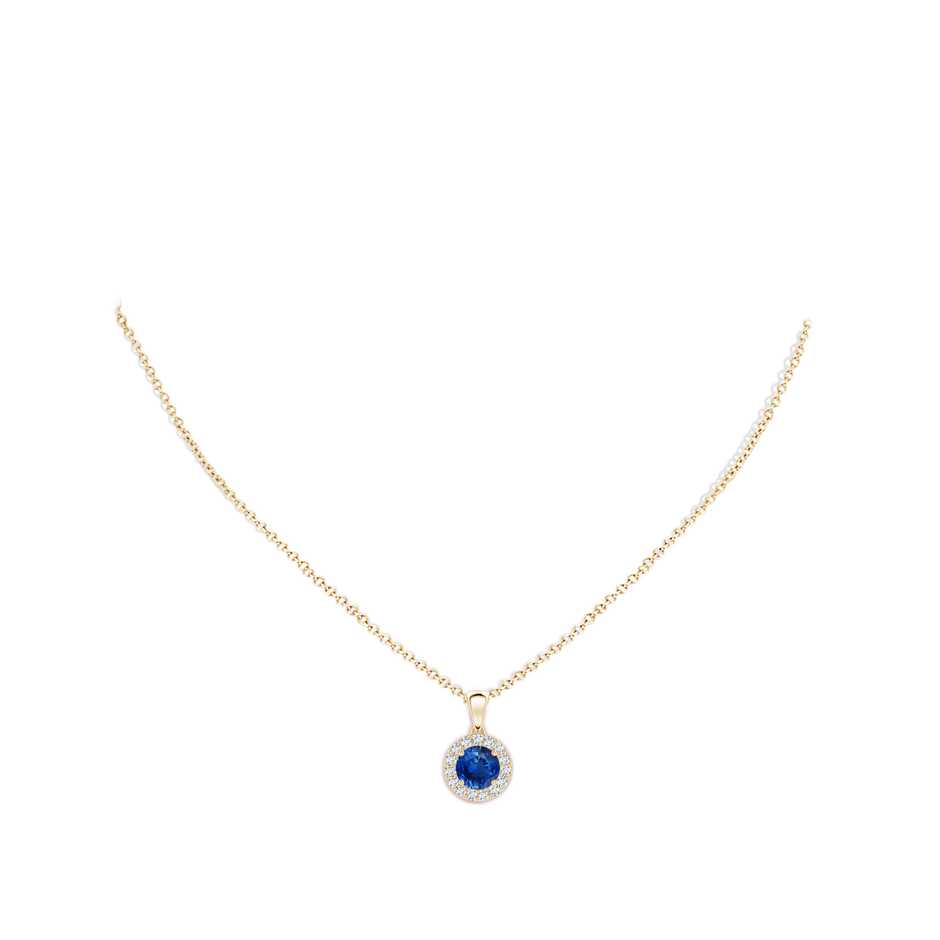 6mm AAA Round Blue Sapphire and Diamond Halo Pendant in Yellow Gold body-neck