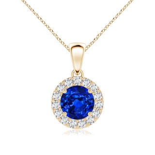 6mm AAAA Round Blue Sapphire and Diamond Halo Pendant in 9K Yellow Gold