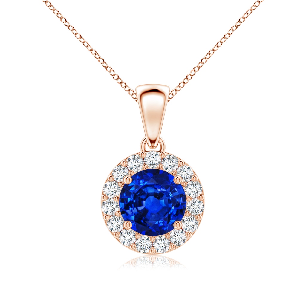 6mm AAAA Round Blue Sapphire and Diamond Halo Pendant in Rose Gold