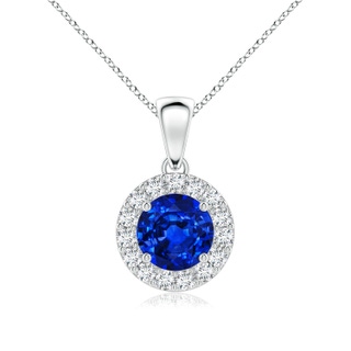 6mm AAAA Round Blue Sapphire and Diamond Halo Pendant in White Gold