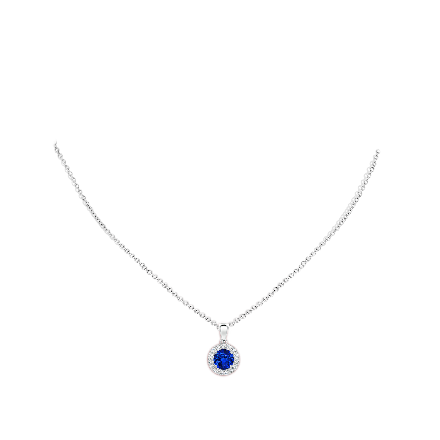 6mm AAAA Round Blue Sapphire and Diamond Halo Pendant in White Gold - body_neck