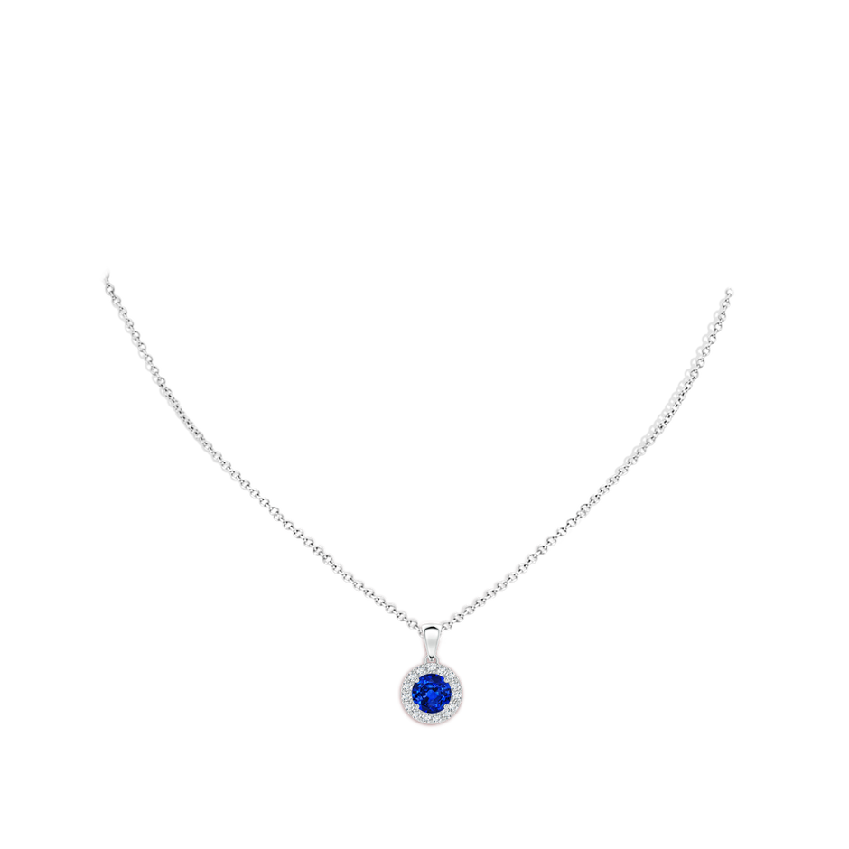 6mm Lab-Grown Round Blue Sapphire and Diamond Halo Pendant in White Gold body-neck