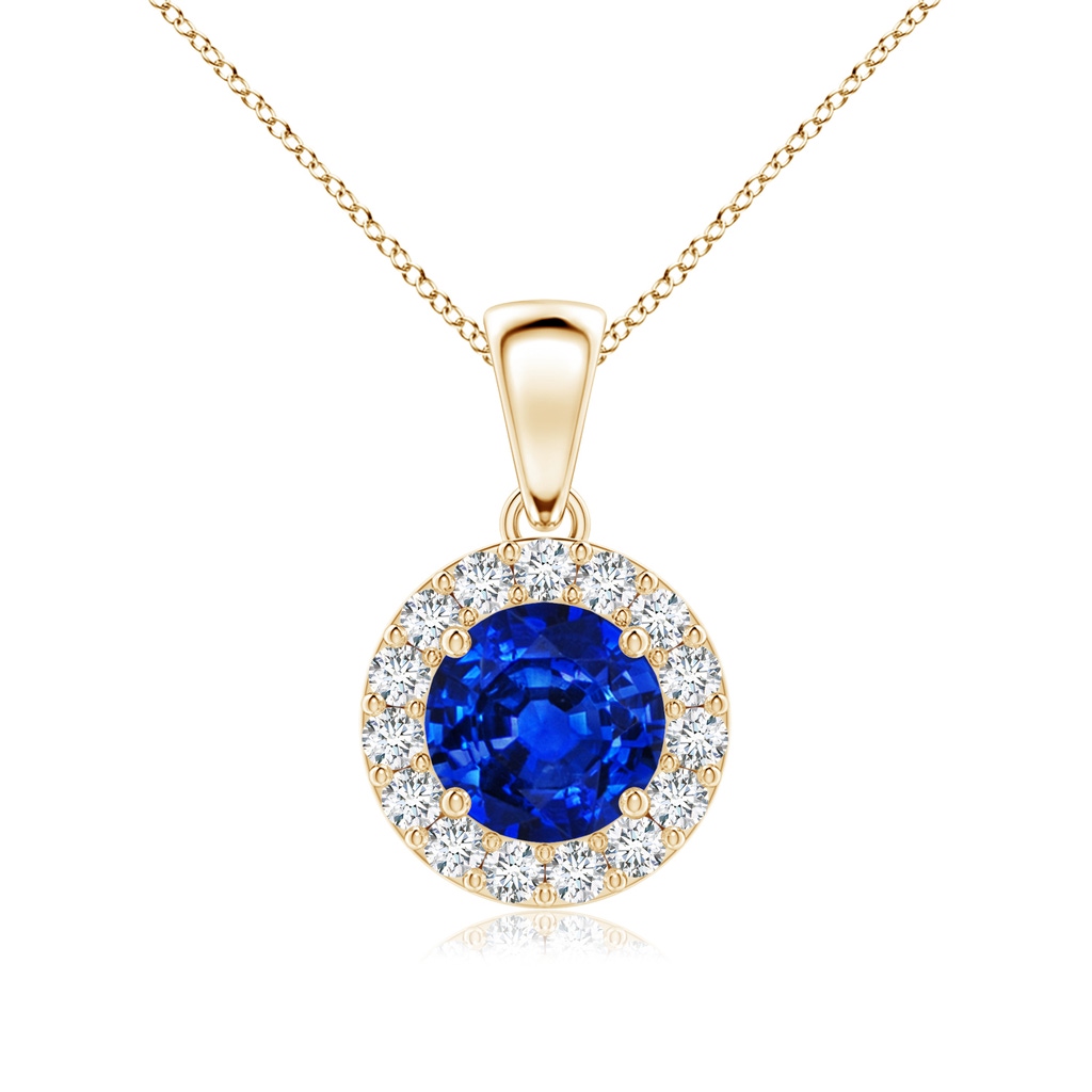 6mm AAAA Round Blue Sapphire and Diamond Halo Pendant in Yellow Gold 