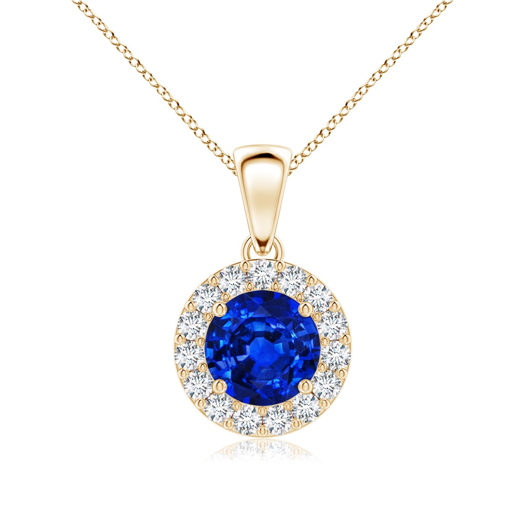 6mm AAAA Round Blue Sapphire and Diamond Halo Pendant in Yellow Gold