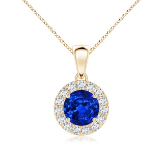 6mm AAAA Round Blue Sapphire and Diamond Halo Pendant in Yellow Gold