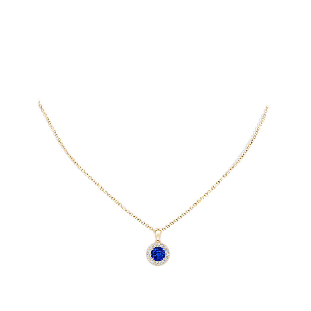 6mm AAAA Round Blue Sapphire and Diamond Halo Pendant in Yellow Gold Body-Neck