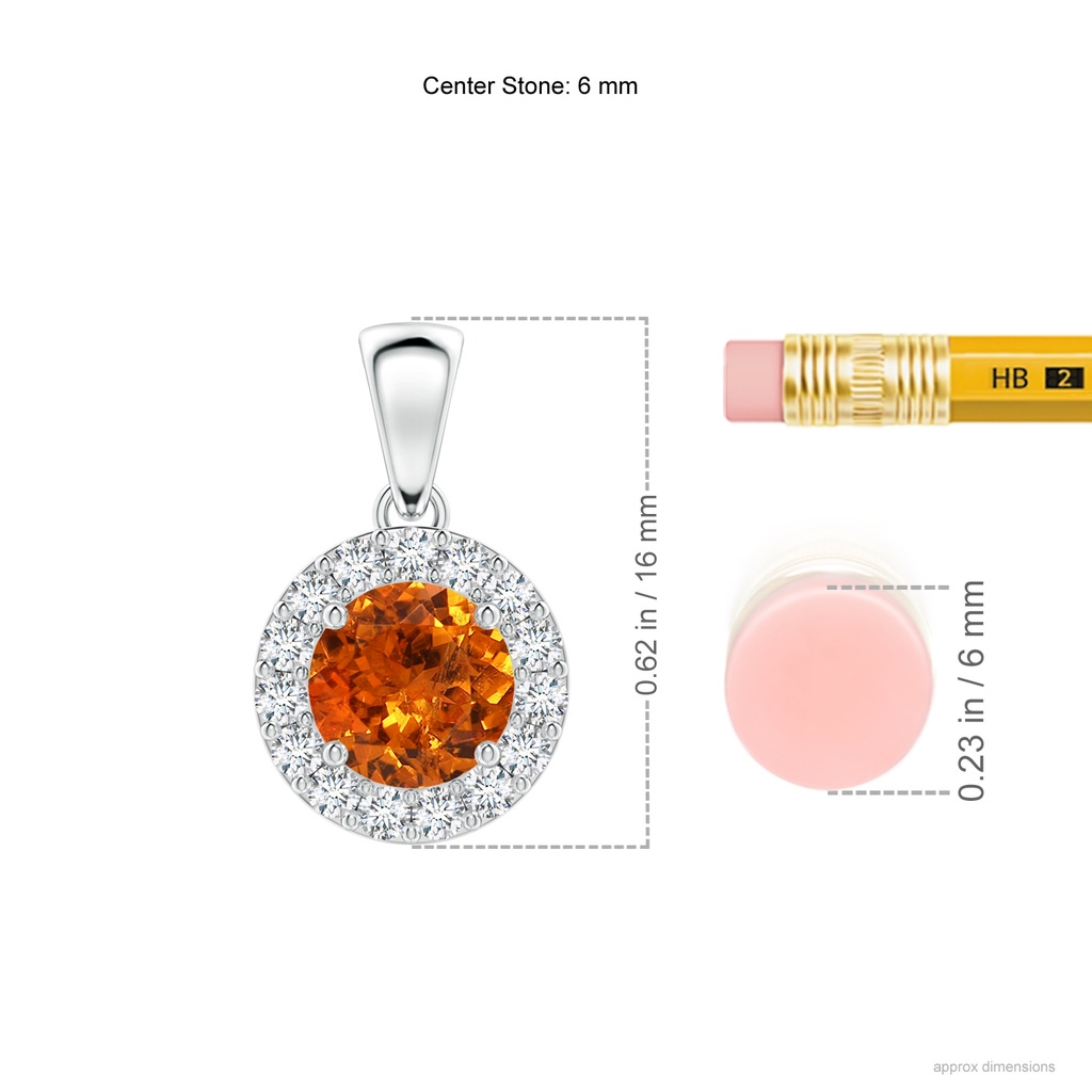 6mm AAA Round Spessartite and Diamond Halo Pendant in White Gold Ruler