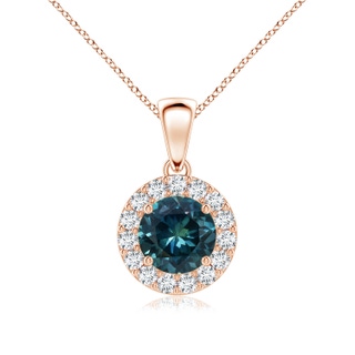 6mm AAA Round Teal Montana Sapphire and Diamond Halo Pendant in Rose Gold