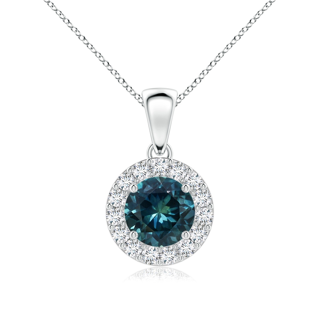 6mm AAA Round Teal Montana Sapphire and Diamond Halo Pendant in White Gold
