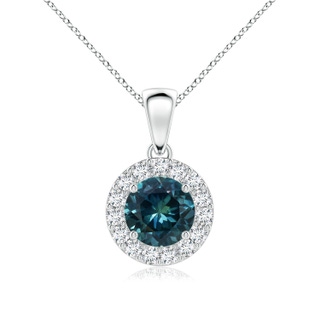 6mm AAA Round Teal Montana Sapphire and Diamond Halo Pendant in White Gold