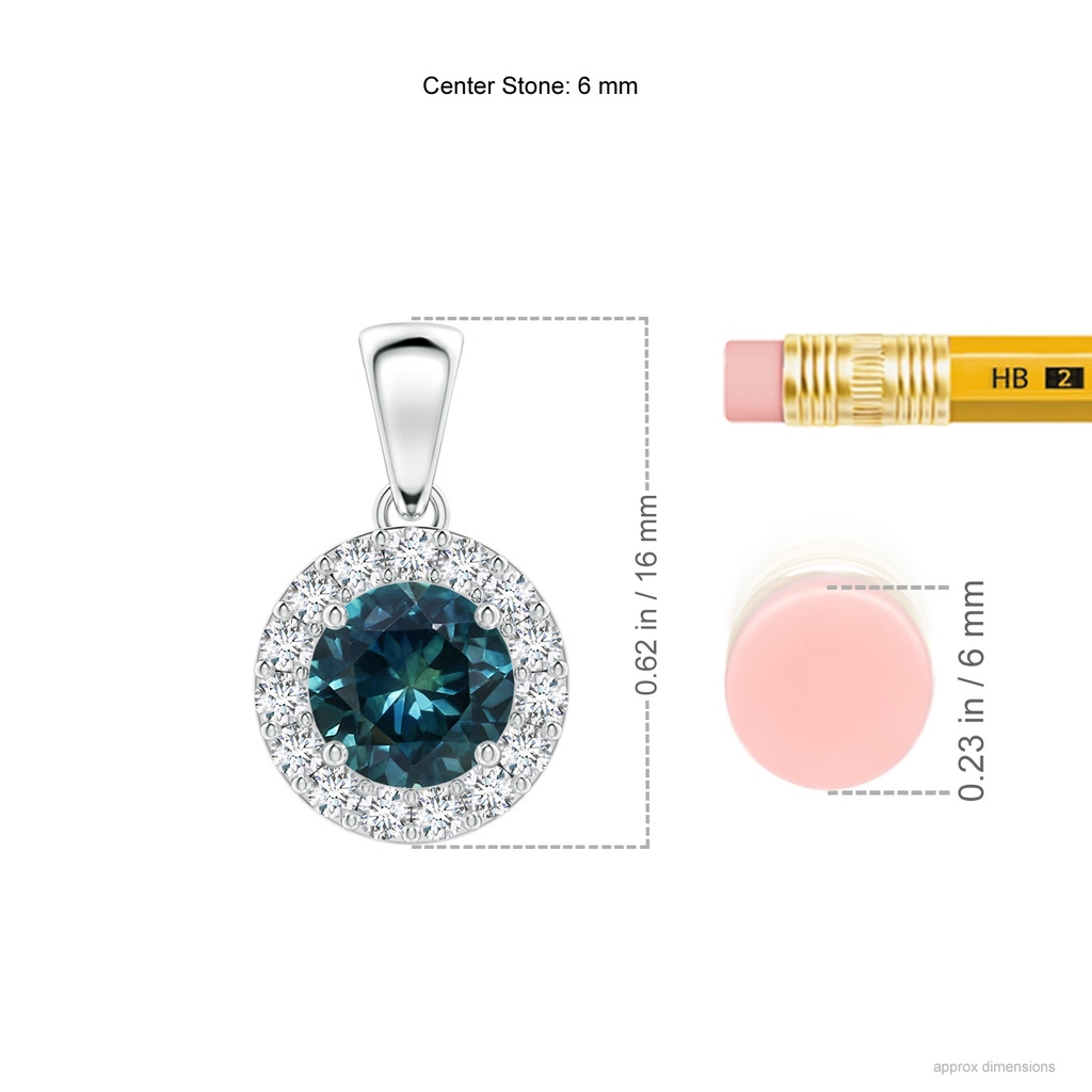 6mm AAA Round Teal Montana Sapphire and Diamond Halo Pendant in White Gold Ruler