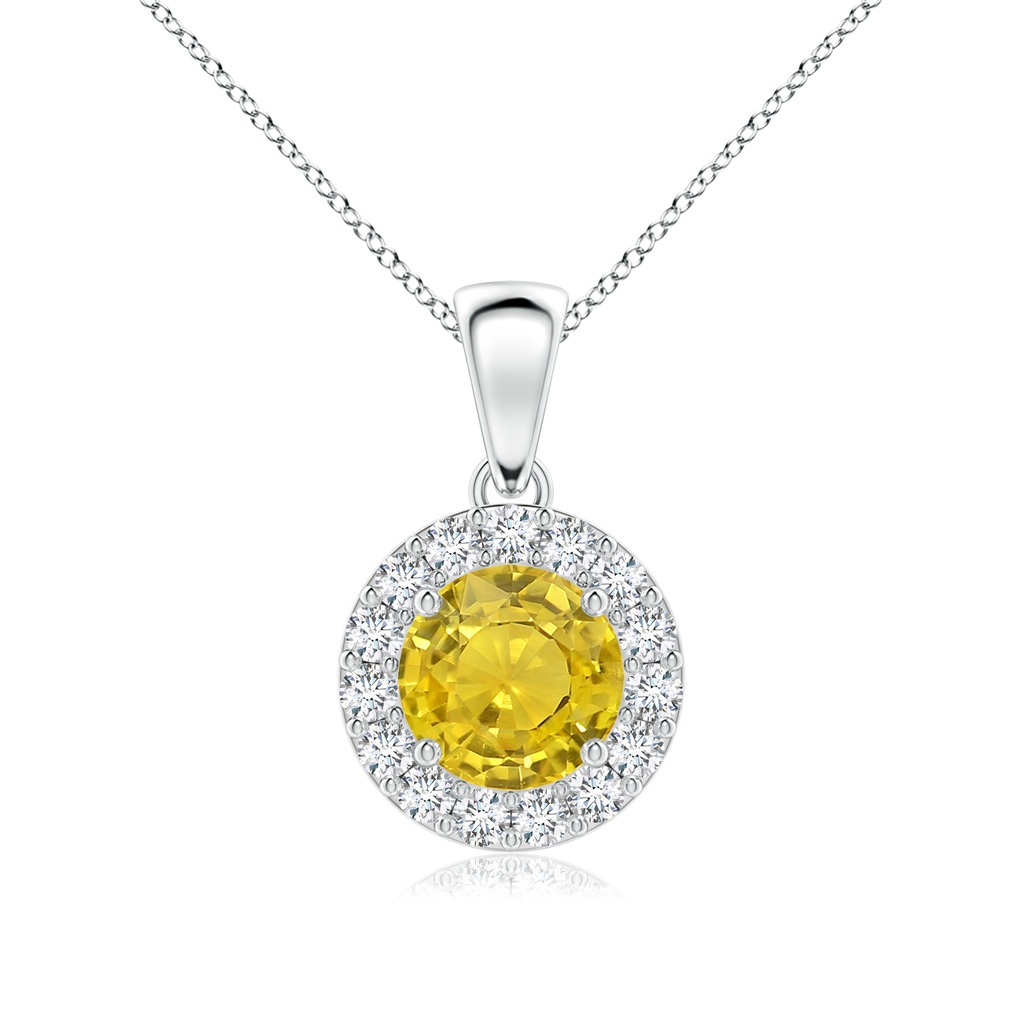6mm AAA Round Yellow Sapphire and Diamond Halo Pendant in White Gold