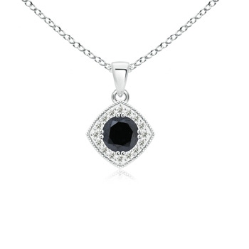 4.8mm A Enhanced Black and White Diamond Halo Pendant with Milgrain in White Gold