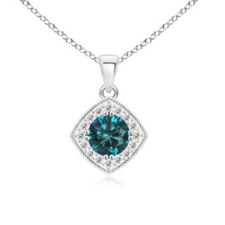 6.2mm AA Enhanced Blue and White Diamond Halo Pendant with Milgrain in White Gold