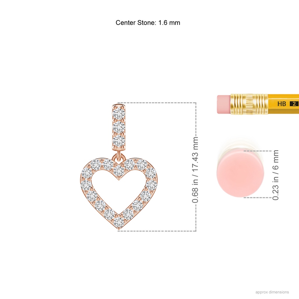 1.6mm HSI2 Open Heart Diamond Pendant in Rose Gold Ruler