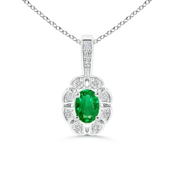 6x4mm AAA Oval Emerald Flower Pendant with Diamond Halo in White Gold 