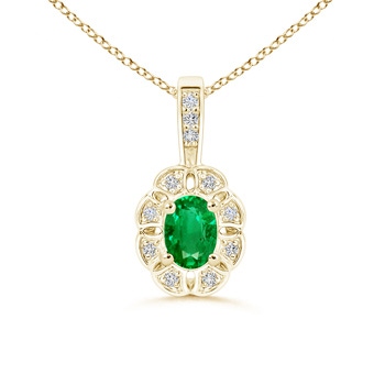 6x4mm AAA Oval Emerald Flower Pendant with Diamond Halo in Yellow Gold