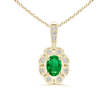 6x4mm AAA Oval Emerald Flower Pendant with Diamond Halo in Yellow Gold 