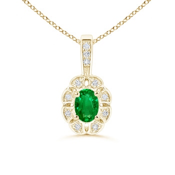 6x4mm AAAA Oval Emerald Flower Pendant with Diamond Halo in Yellow Gold