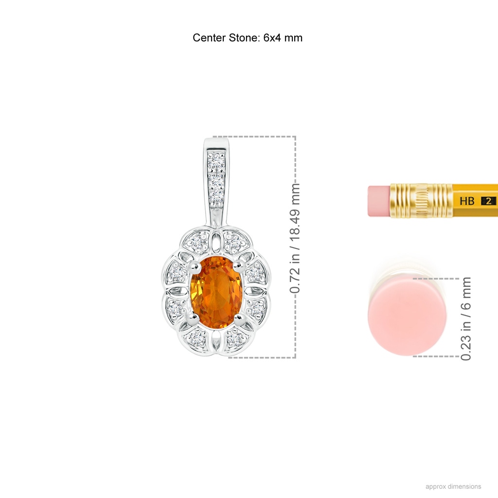 6x4mm AAA Oval Orange Sapphire Flower Pendant with Diamond Halo in White Gold Ruler