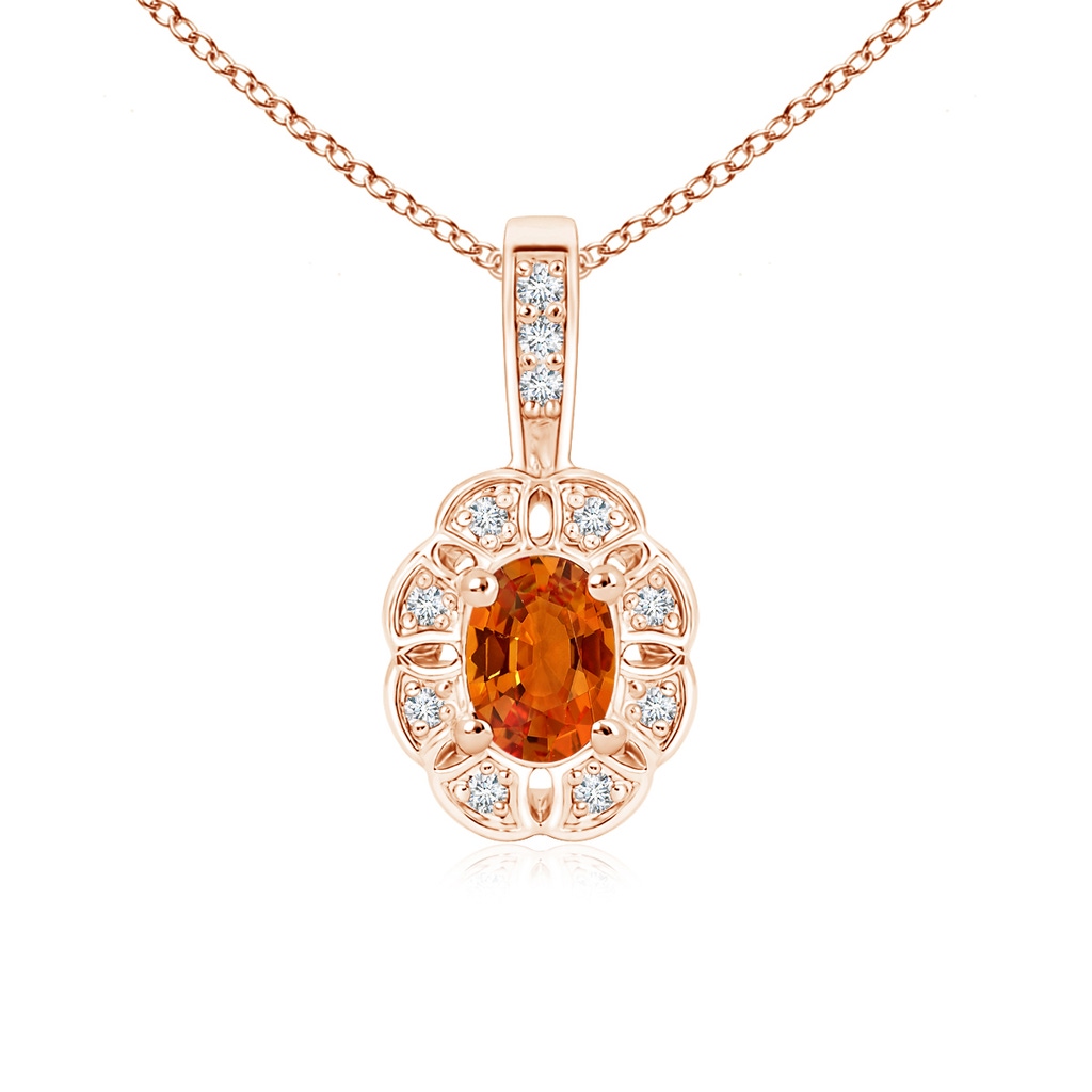 6x4mm AAAA Oval Orange Sapphire Flower Pendant with Diamond Halo in Rose Gold