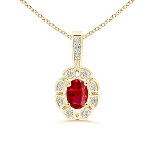 6x4mm AAA Oval Ruby Flower Pendant with Diamond Halo in Yellow Gold
