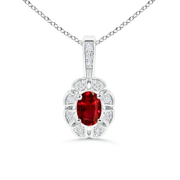 6x4mm Lab-Grown Oval Ruby Flower Pendant with Diamond Halo in P950 Platinum 