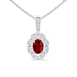 6x4mm AAAA Oval Ruby Flower Pendant with Diamond Halo in White Gold