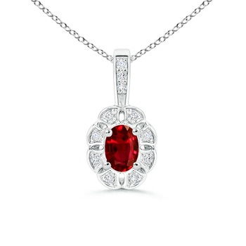 6x4mm AAAA Oval Ruby Flower Pendant with Diamond Halo in White Gold 