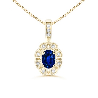 6x4mm AAAA Oval Sapphire Flower Pendant with Diamond Halo in Yellow Gold